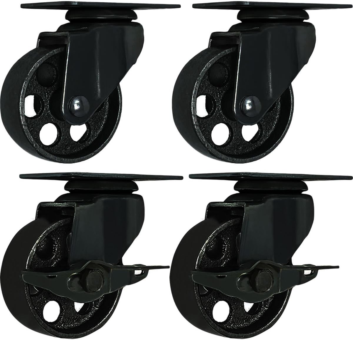 FactorDuty 4 All Black Metal Swivel Plate Caster Wheels w/Brake Lock Heavy Duty High-Gauge Steel (3" Combo): Industrial & Scientific