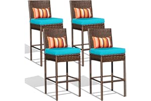 Sundale Outdoor Wicker Bar Stool Set of 4, 30 Inch Seat Height Patio Counter Height Stool with Back Rest, Rattan Woven Tall Chair with Pillow & Blue Cushion, High Bar Stool - Steel, Brown