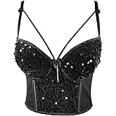 VEENDEO Women's Sequin Bustier Crop Top Mesh Corset Top Push up Rhinestone Diamond Bra Club Party Vest Detachable Straps