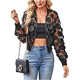 Milumia Women's Appliques Sheer Mesh Bomber Jackets Y2k Zip Up Jacket Outerwear