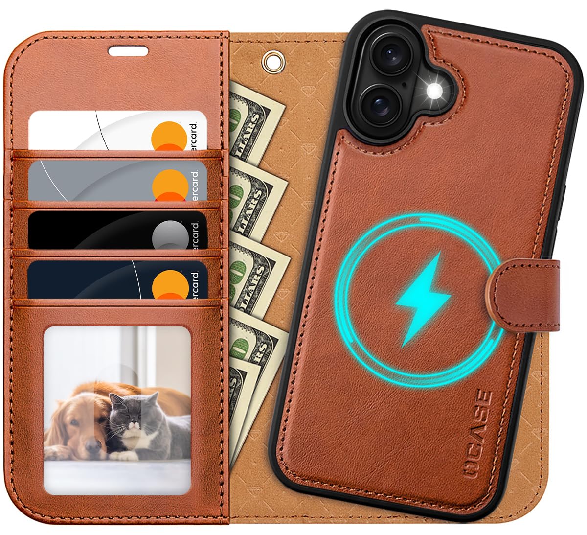 OCASE for iPhone 16 Plus Case, Detachable 2 in 1 PU Leather Wallet Case with RFID Blocking, Wireless Charging, Card Holders, Kickstand, Shockproof Removable Phone Cover, Brown