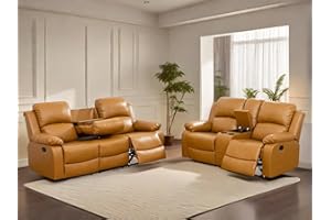 FONTOI Power Recliner Sofa, 2 Pieces Reclining Loveseat Leather Couch Set, 3 Seater Reclining Sofa for Living Room Furniture Sets with Cup Holders, Storage Console, Orange
