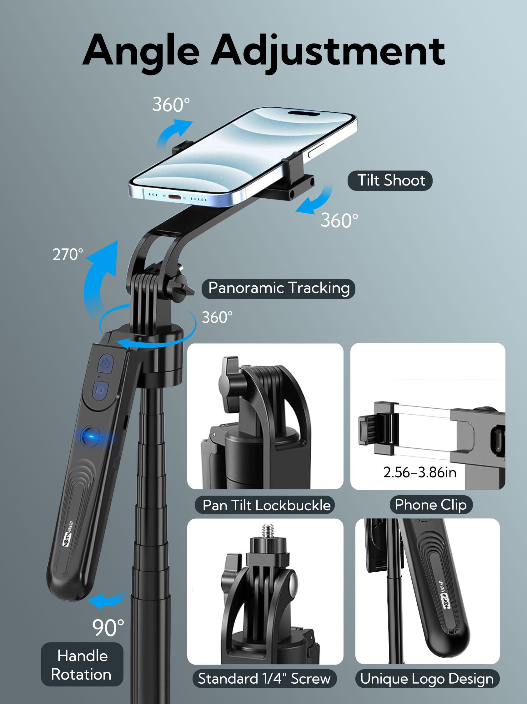 USKEYVISION Auto Face Tracking Tripod 360 Rotation,Phone Tripod for iPhone w/Fill Light,Selfie Stick for iPhone w/Remote Control,70” Phone Holder Video Recording for Content Creators TikTok(UTK-02)