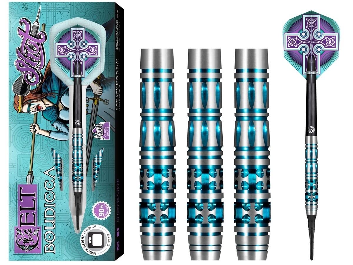 Shot! Darts Celt Boudicca 90% Tungsten Pro Throwing Darts Soft Tip Set, Professional – Made in New Zealand – Designed Dart Flights for Women & Men – Plastic Tip Bar Darts for Adults