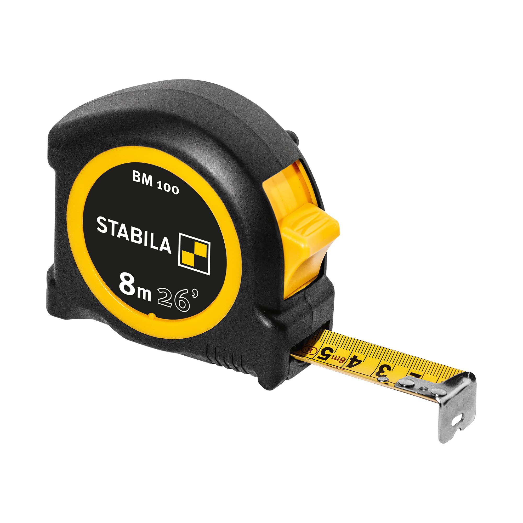 STABILA BM 100 Pocket Tape Measure 8 m Metric Scale Shatterproof ABS Housing Movable Start Hook Belt Clip MID Accuracy, black/yellow