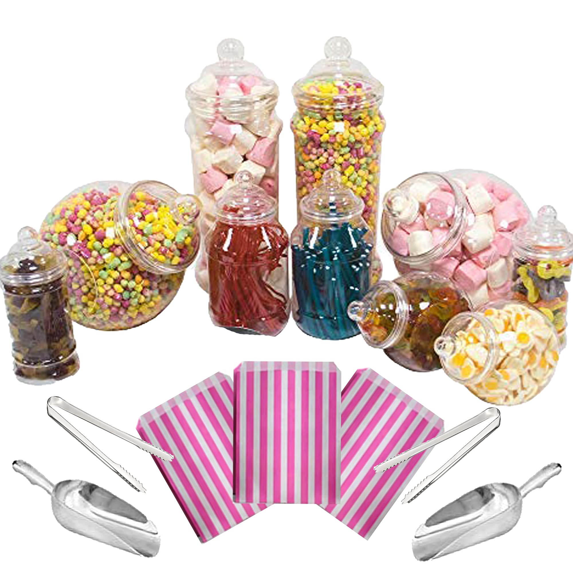Purple Square 10 Mixed Jar Retro Pick & Mix Victorian Sweet Shop Candy Buffet Kit Party Pack with Scoops, Tongs & Bags - Pink Stripe Bags