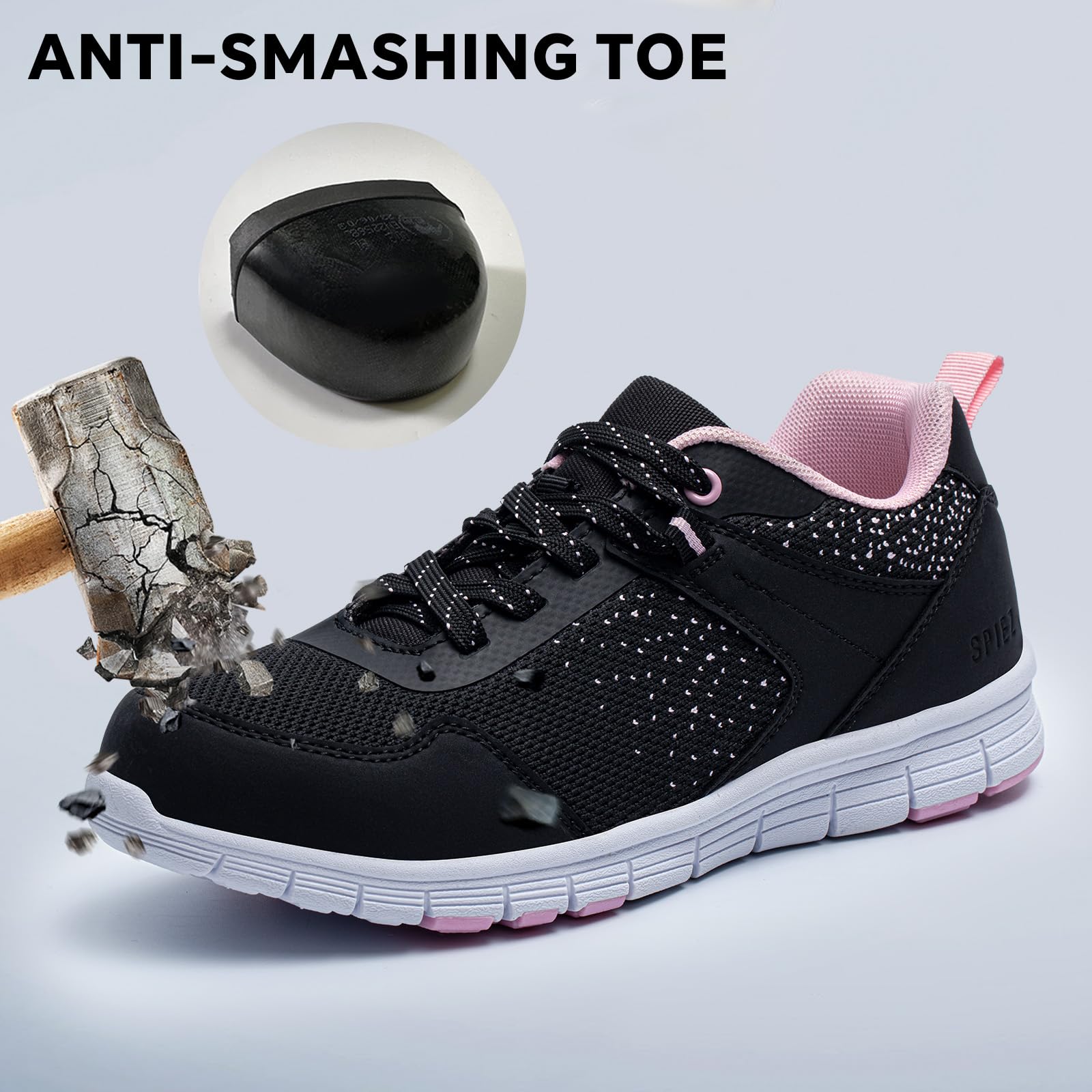 SPIEZ Leichte Arbeitsschuhe Damen Atmungsaktiv Pannensichere Sicherheitsschuhe für Damen, rutschfeste Modische Sneakers für die Arbeit und den Alltag (Schwarz-Rosa, EU 40) 5