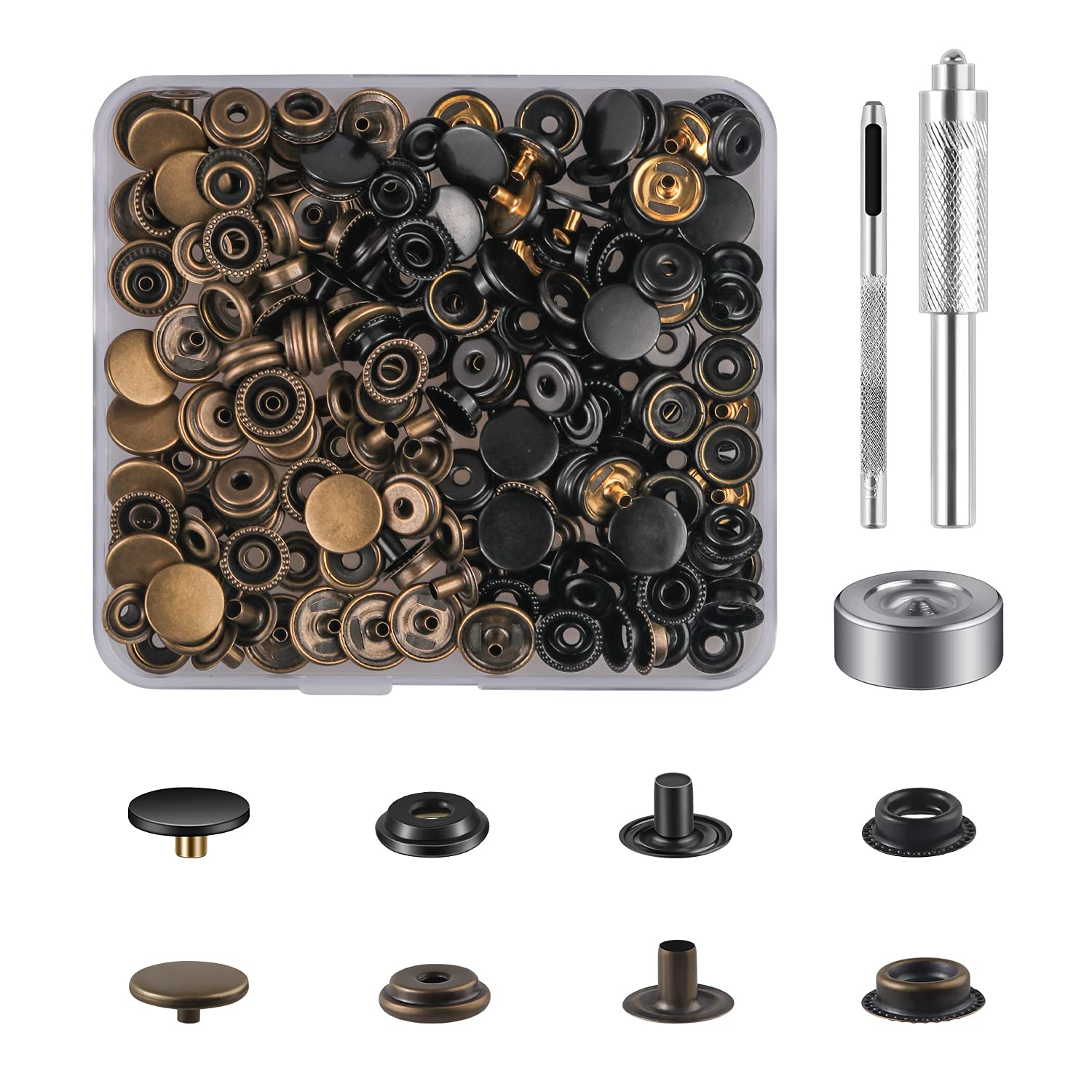 50 Sets Press Studs Cap Button, MSDADA Stainless Steel Snap Fasteners Kit with Hand Fixing Tools, Instant Metal Buttons No-Sew Clips Snap for Bags, Jeans, Clothes, Fabric, Leather Craft (Black+Bronze)