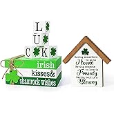 Tifeson St.Patrick's Day Decorations, Wooden Book Stack with Shamrock LUCK Blocks & House Shape Sign Saint Patrick Day Tabletop Centerpiece Decor for Irish Tiered Tray Shelf Home Mantel Decor