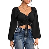 Rooscier Women's Drawstring V Neck Ruched Lantern Long Sleeve Tie Back Crop Top Blouse