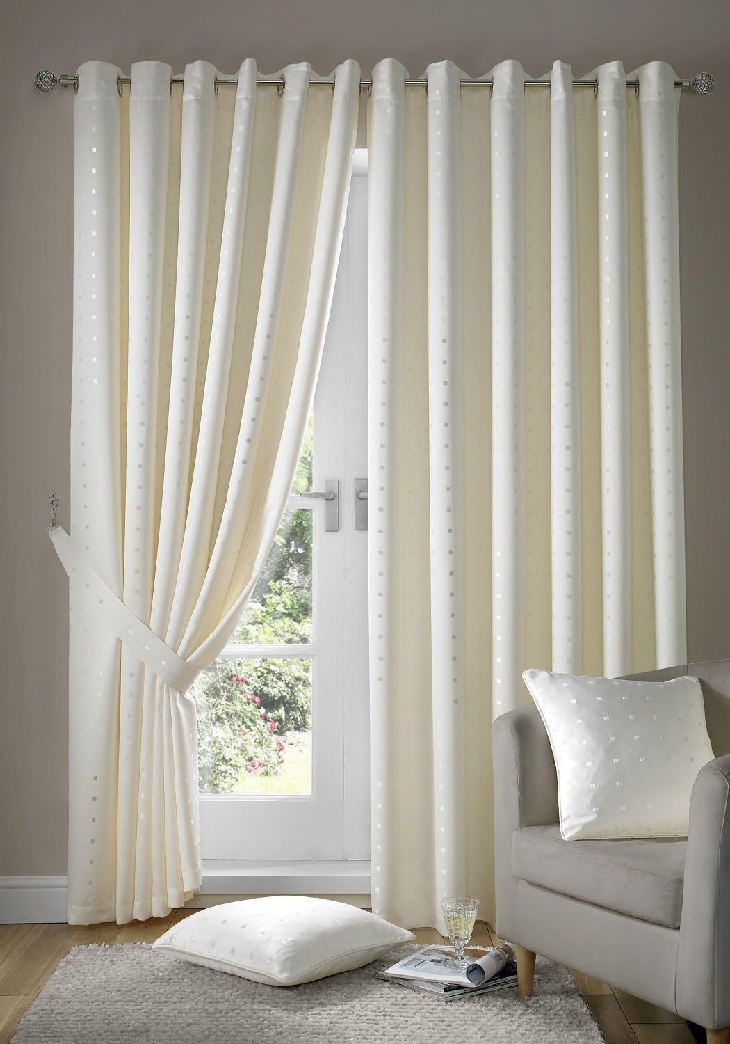 Alan Symonds Madison Eyelet Jacquard Curtains Fully Lined Ring Top, Cream, 90" x 90"