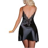 WDIRARA Women's Lace Satin V Neck Nightgown Sleeveless Lingerie Nightdress Chemise Sleepwear