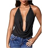 Verdusa Women's Rave Backless Y2k Halter Top Festival Club Outfits See Through Studded Cowl Neck Sexy Tops