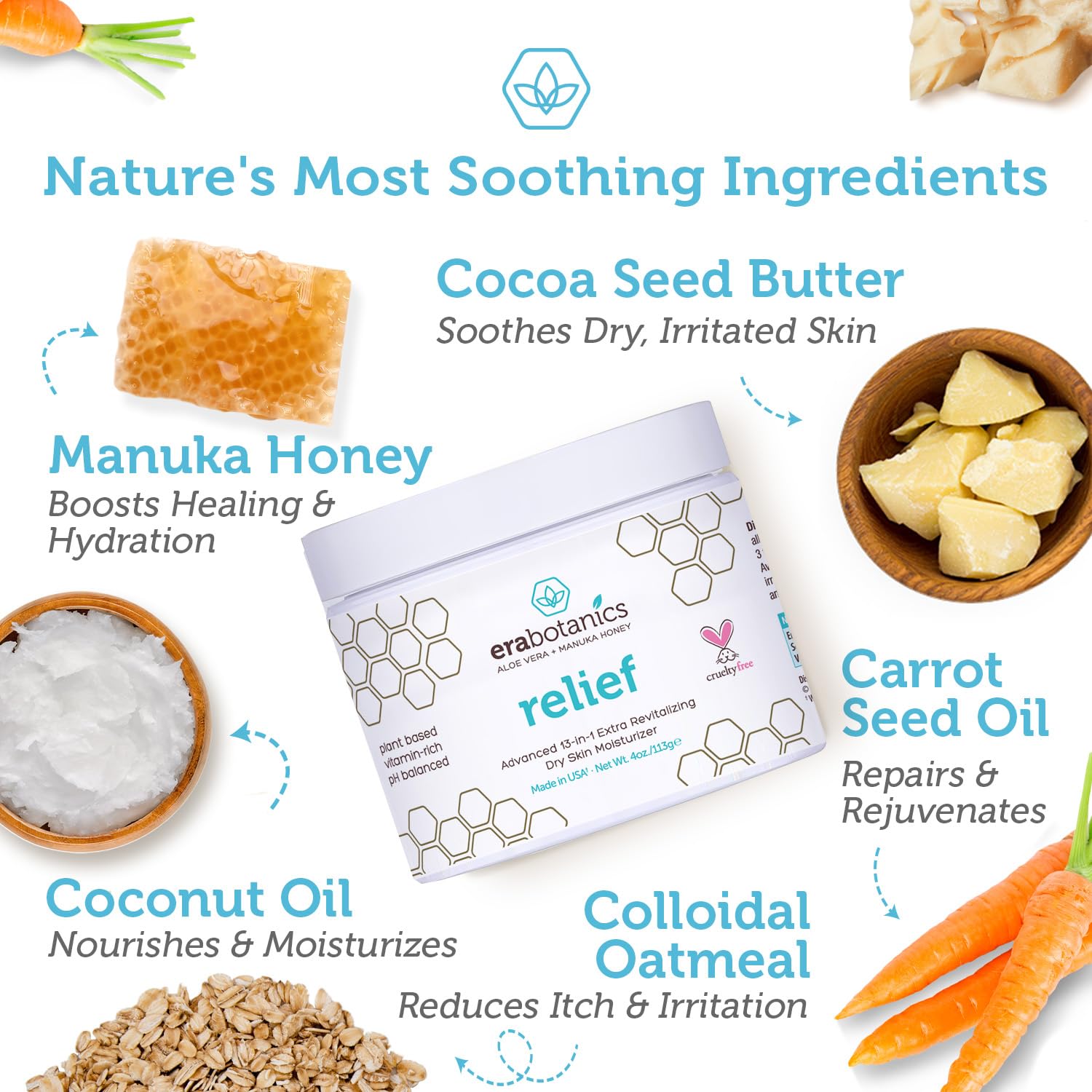 Era Organics Eczema, Psoriasis & Dermatitis Moisturizer Cream - Advanced 13-in-1 Non-Greasy Face or Body Lotion for Dry, Itchy Skin with Aloe Vera, Manuka Honey and More 4oz