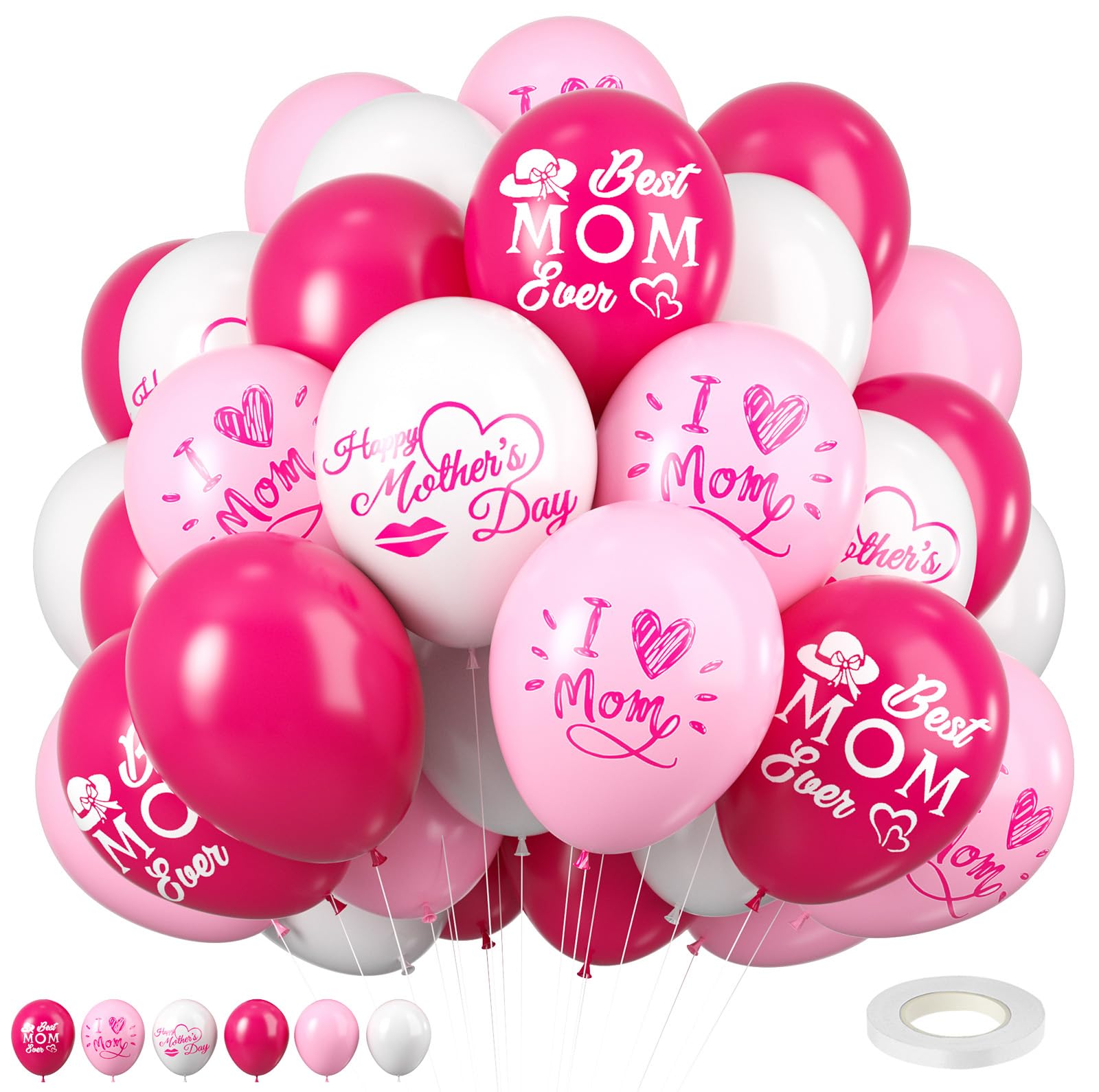 Mother's Day Balloons, 12 Inch Mom Latex Balloons, I Love You Mom Printed, Mother's Day Decorations for Theme Party Supplies, Arch Decorations