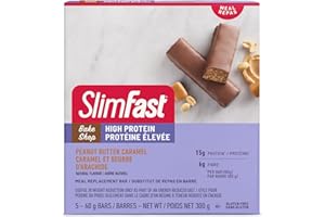 SlimFast Protein bar - Bake Shop High Protein Bar: 15g of Protein + 6g of Fiber - Peanut Butter Caramel - pack of 5, 60g per 