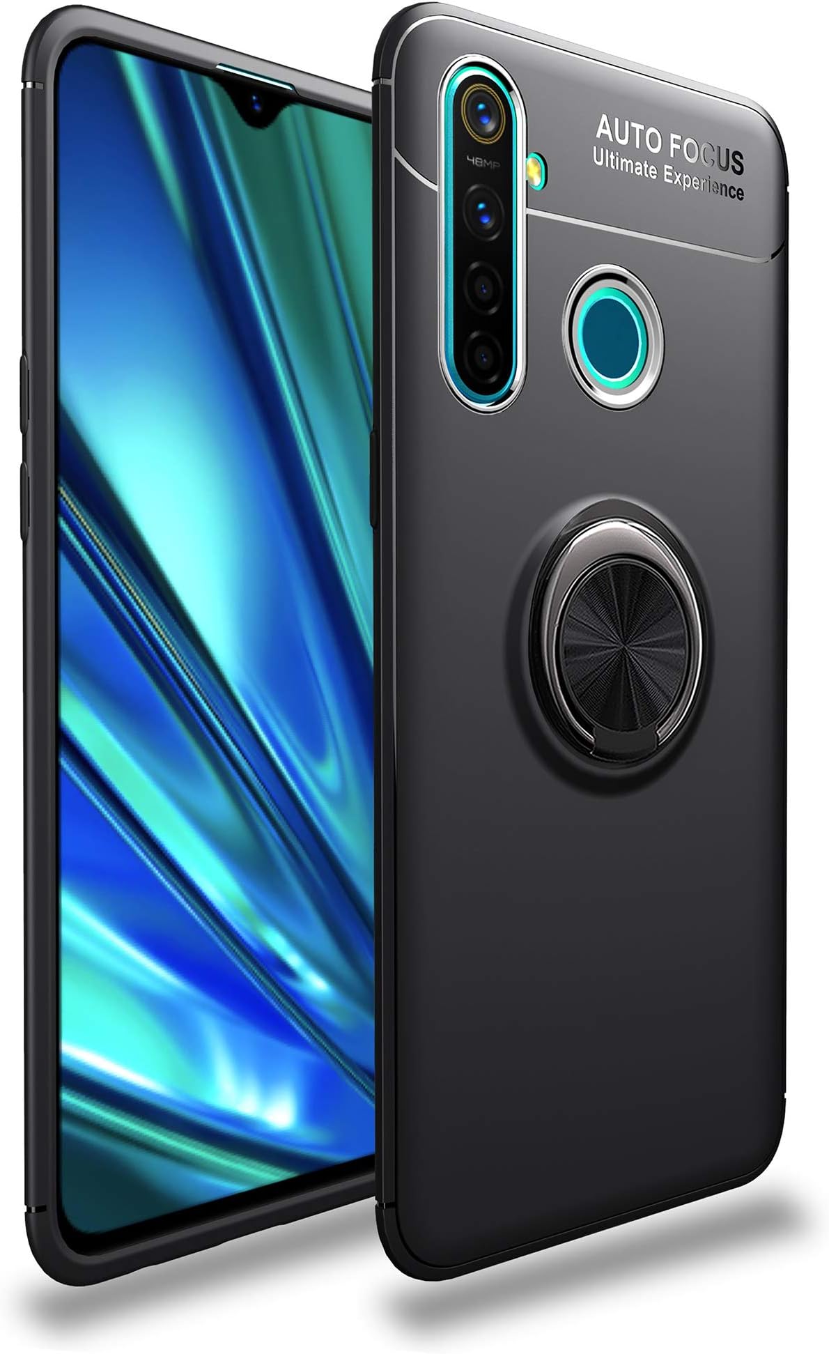 SPAK OPPO Realme 5 Pro/Realme Q Case,Thin Soft TPU and 360 Degree Rotating Ring Kickstand Cover [Compatible with Magnetic Car Mount] for OPPO Realme 5 Pro/Realme Q (H Black)