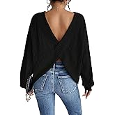 SweatyRocks Women's Criss Cross Round Neck Pullover Sweaters Long Sleeve Loose Cut Out Back Knit Tee Tops Backless Shirts