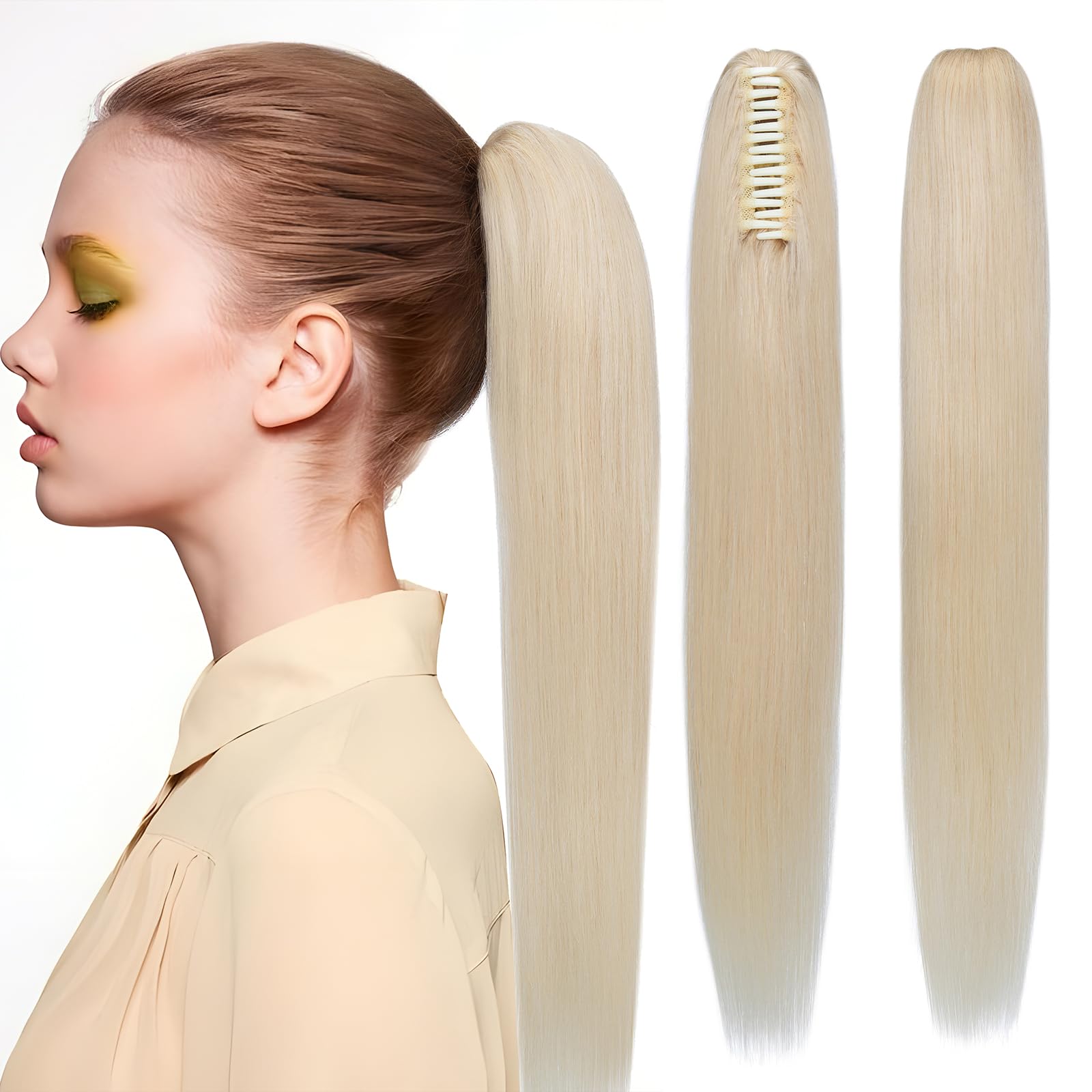 Elailite Human Hair Ponytail Extension Real Hair Claw on Natural HairPiece Straight (#60 Platinum Blonde, 14 Inch)
