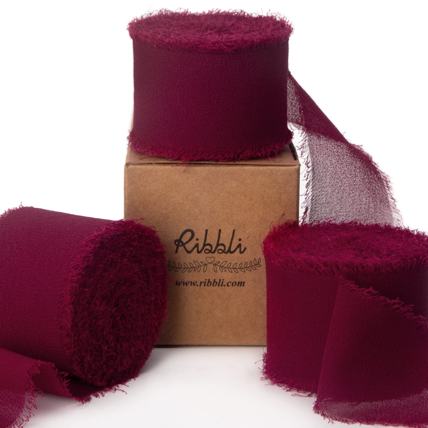 Photo 1 of Ribbli Burgundy Chiffon Silk Ribbon, 1.5 inch x 30 Yard, Handmade, Fringe, Wedding Invitations, Gift Wrapping, Bridal Bouquets, Flower Arrangement