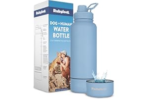 RUBYLOO Dog Water Bottle for Dog Lovers - 32 oz Stainless Steel Double Wall Insulated Water Bottle with 8 oz Attached Dog Bowl - Dog Mom Gifts for Women for Travel, Hiking & Everyday Adventures - Dusty Blue