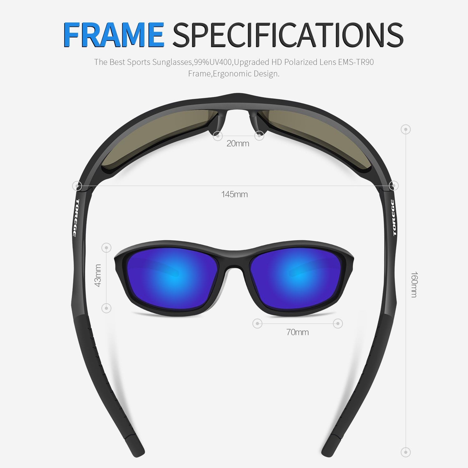 TOREGE Polarized Sports Sunglasses for Men Women for Cycling Running Fishing Golf TR90 Unbreakable Frame TR010-1 (Black&Black Tips& Blue Lens) : Clothing