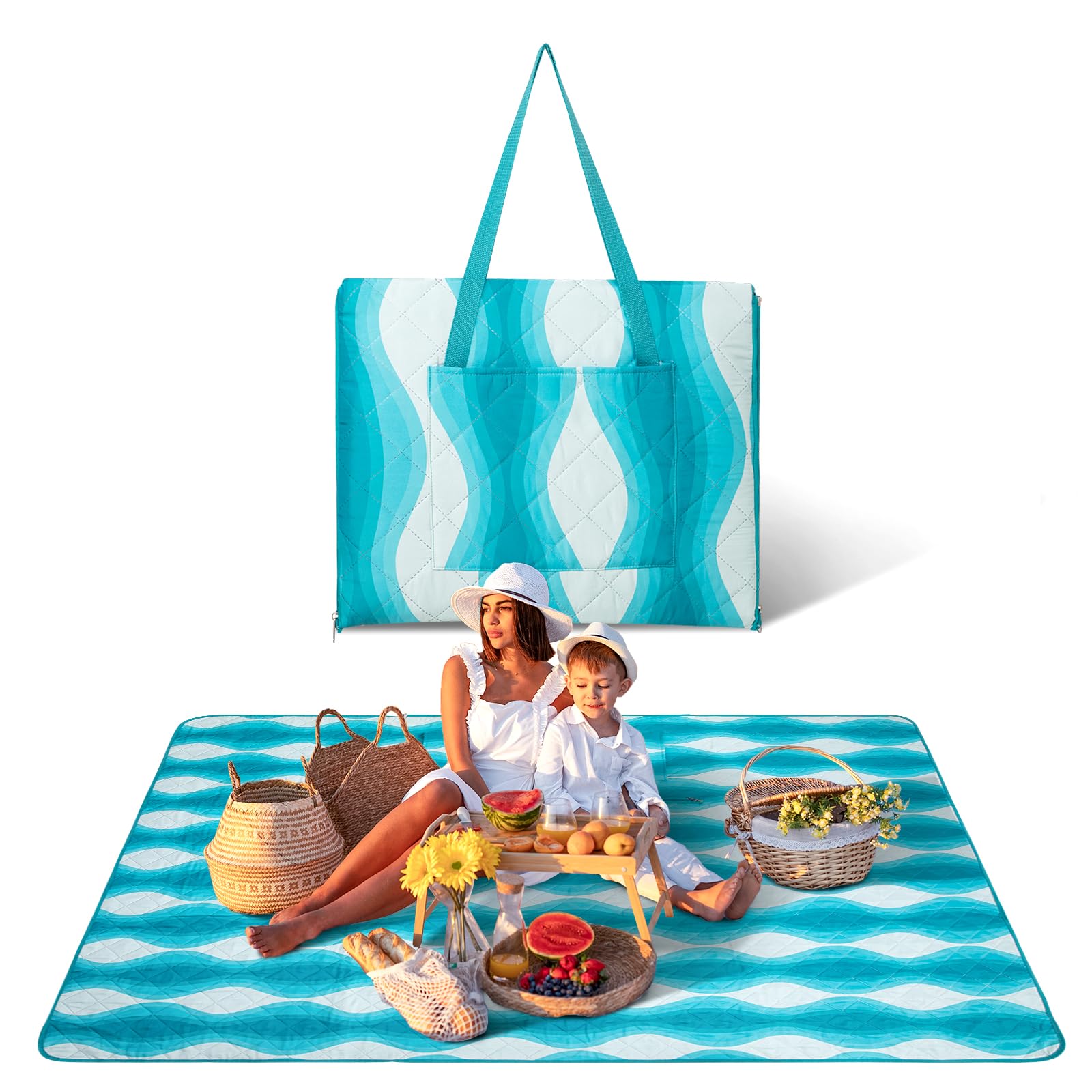 View 1 of #WEJOY 3 in 1 Outdoor Picnic Blanket, Padded 3 Layers Beach Blanket, 80x60'', 4 Person, Easy to Fold, Waterproof for Lawn,Camping, Park (Cyan)