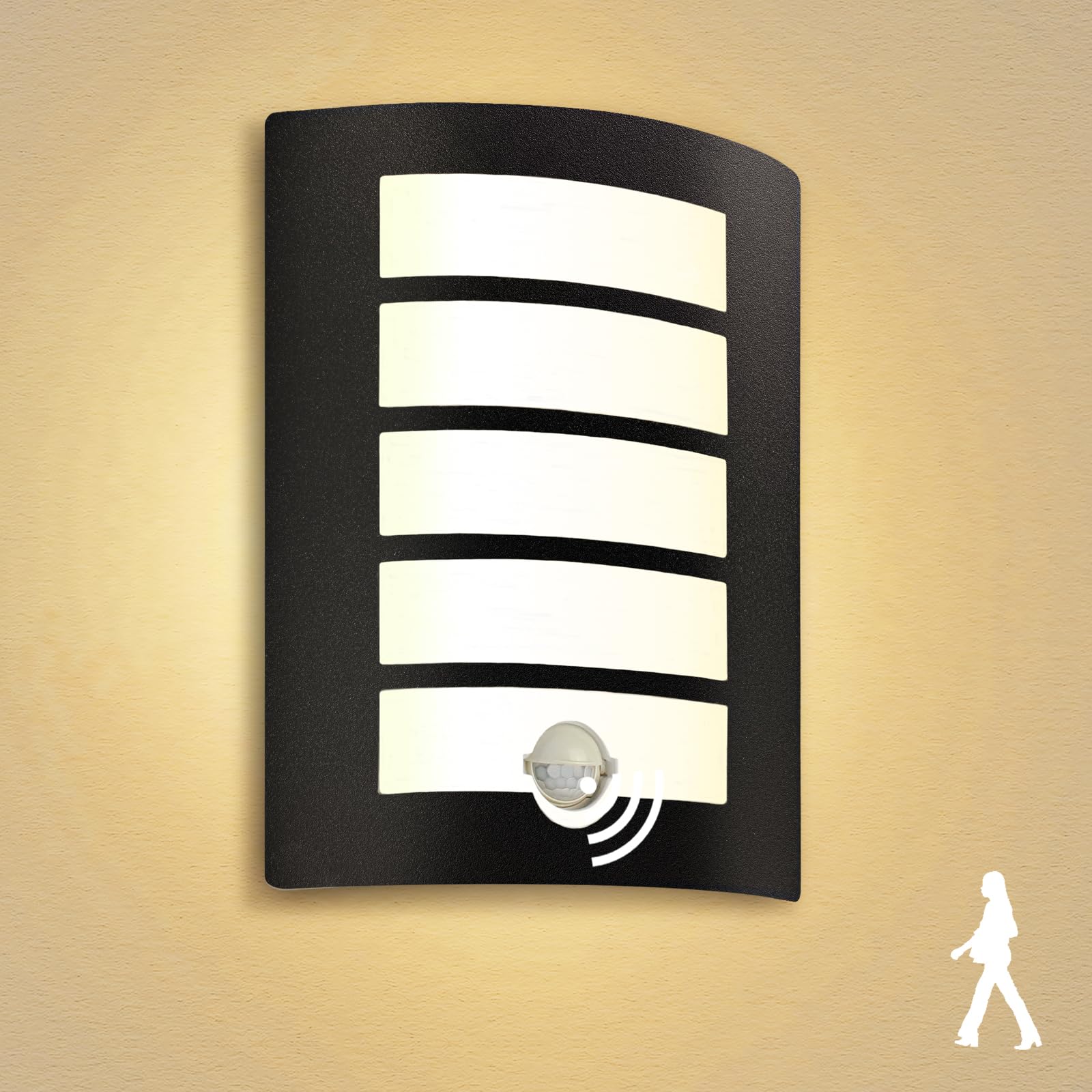 Allesgute Outdoor Wall Lights with PIR Motion Sensor, Curved Outside Lights Mains Powered Black IP44 Waterproof Wall Lamp Incl.E27 LED Bulbs 12W Warm White for Front Door Porch Stairway