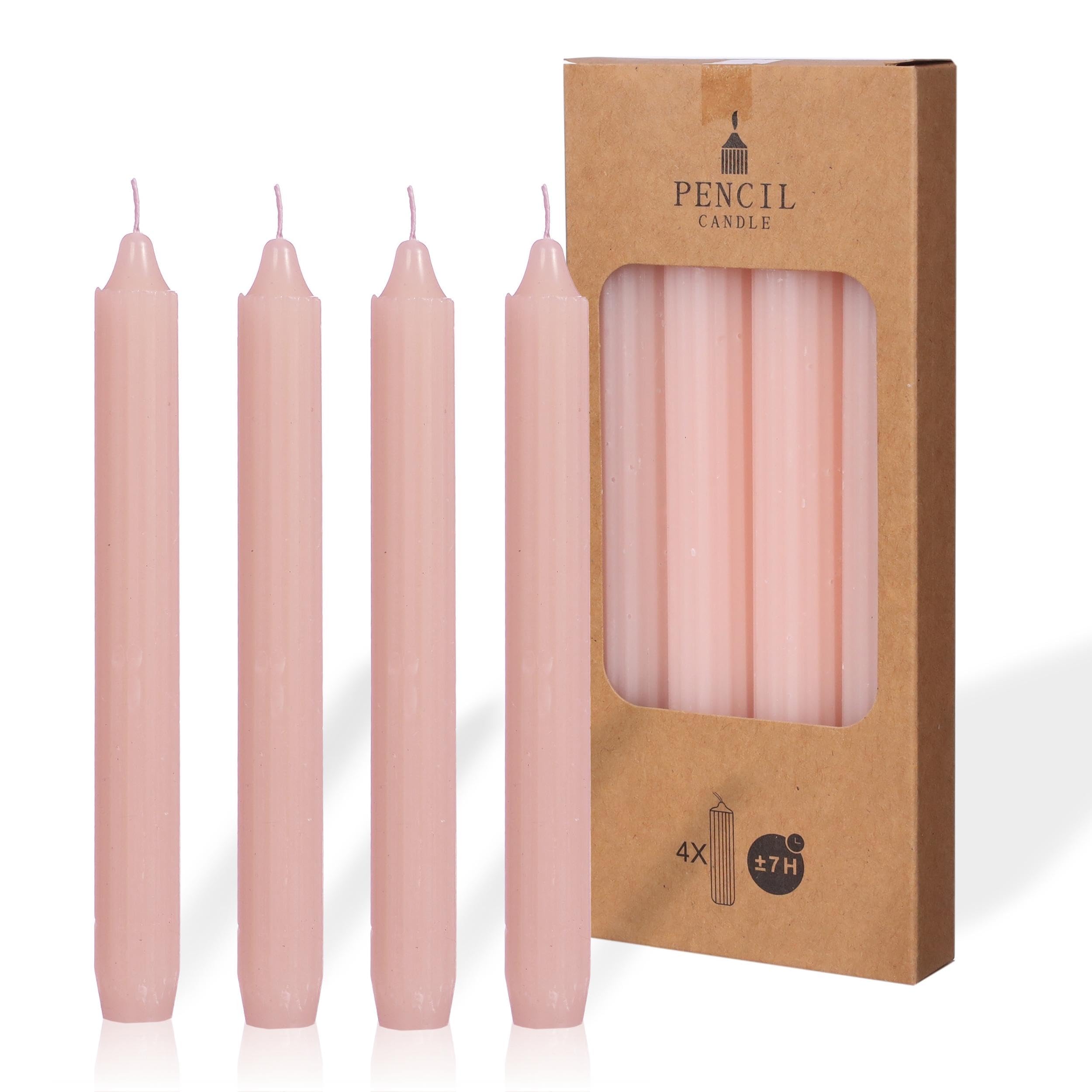 comforder COMFORDER Taper Candles Set, 4 x Table Candles Plain + Ribbed, 20 cm, 7 Hours Burning Time (Pink)