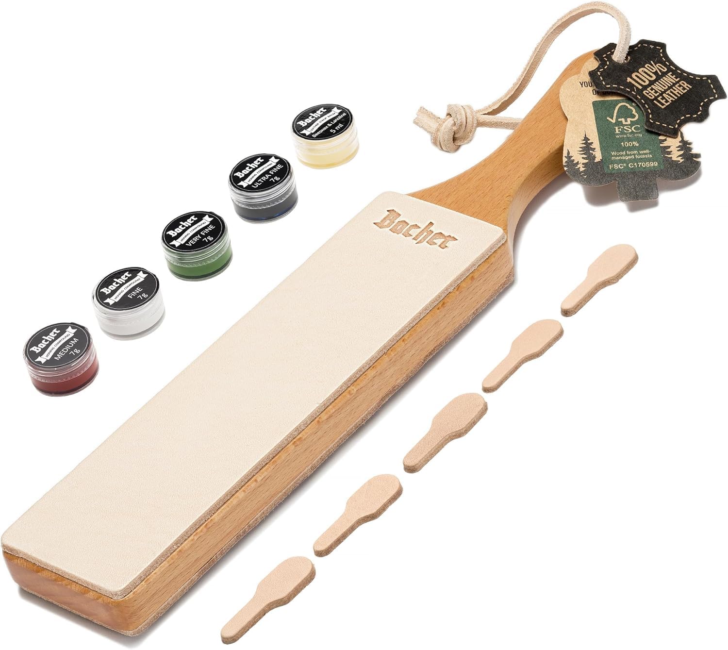 BACHER Premium Leather Strop with Polishing Compound Set, 2 Sided Knife Stropping Block for Sharpening and Honing Knives, Woodcarving Chisels Tools