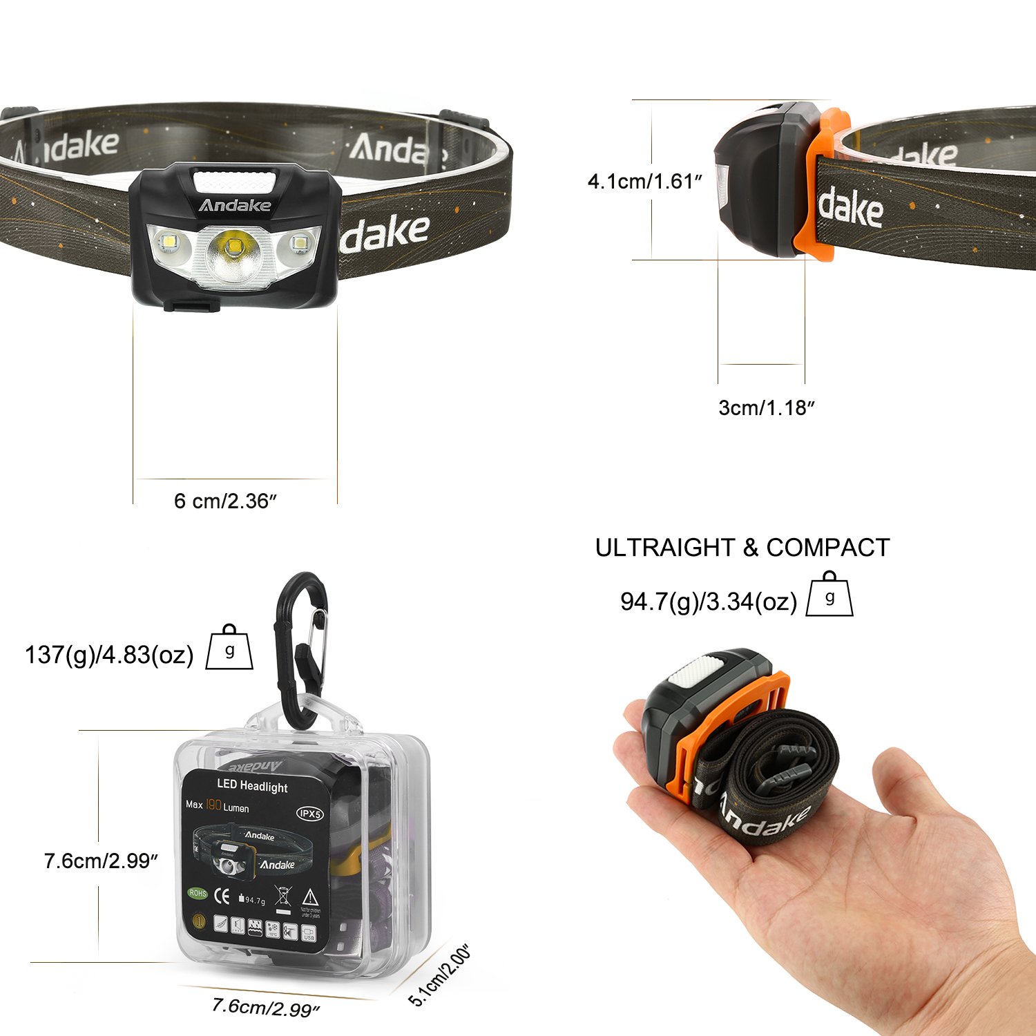 CREE LED 190 Lumen Flutlicht Punktlicht umschaltbar 5 Stufen dimmbar USB wiederaufladbar wasserdicht IPX5 verstellbarer Lichtwinkel Stirnlampen Kopflampe Lampe Joggen Klettern Wandern Fahrrad fahren