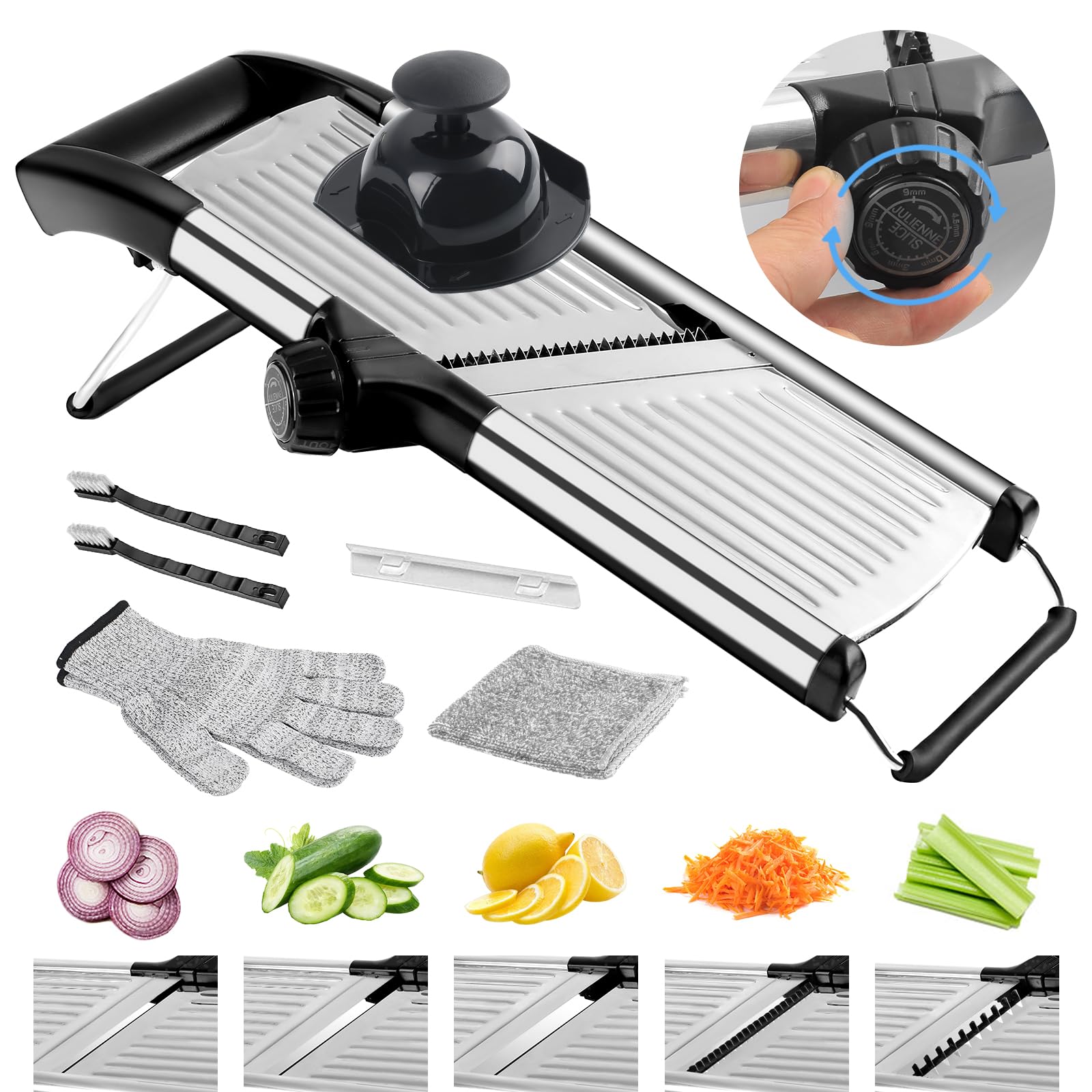 Photo 1 of NIOSAVM commercial Mandoline Slicer,Stainless Steel Vegetable Slicer,non-slip mandoline slicer for kitchen,Keto,Potato,cucumber,4 Blades & Cut-Resistant Gloves(Includes Brush & Cloth).