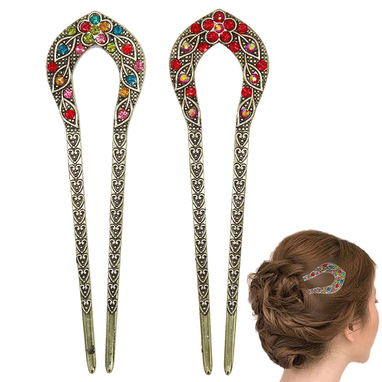 2 Pcs Vintage Hair Stick, Crystal Rhinestone Double Prong Hair Pin Stick Hairstyle Chignon Hairpin