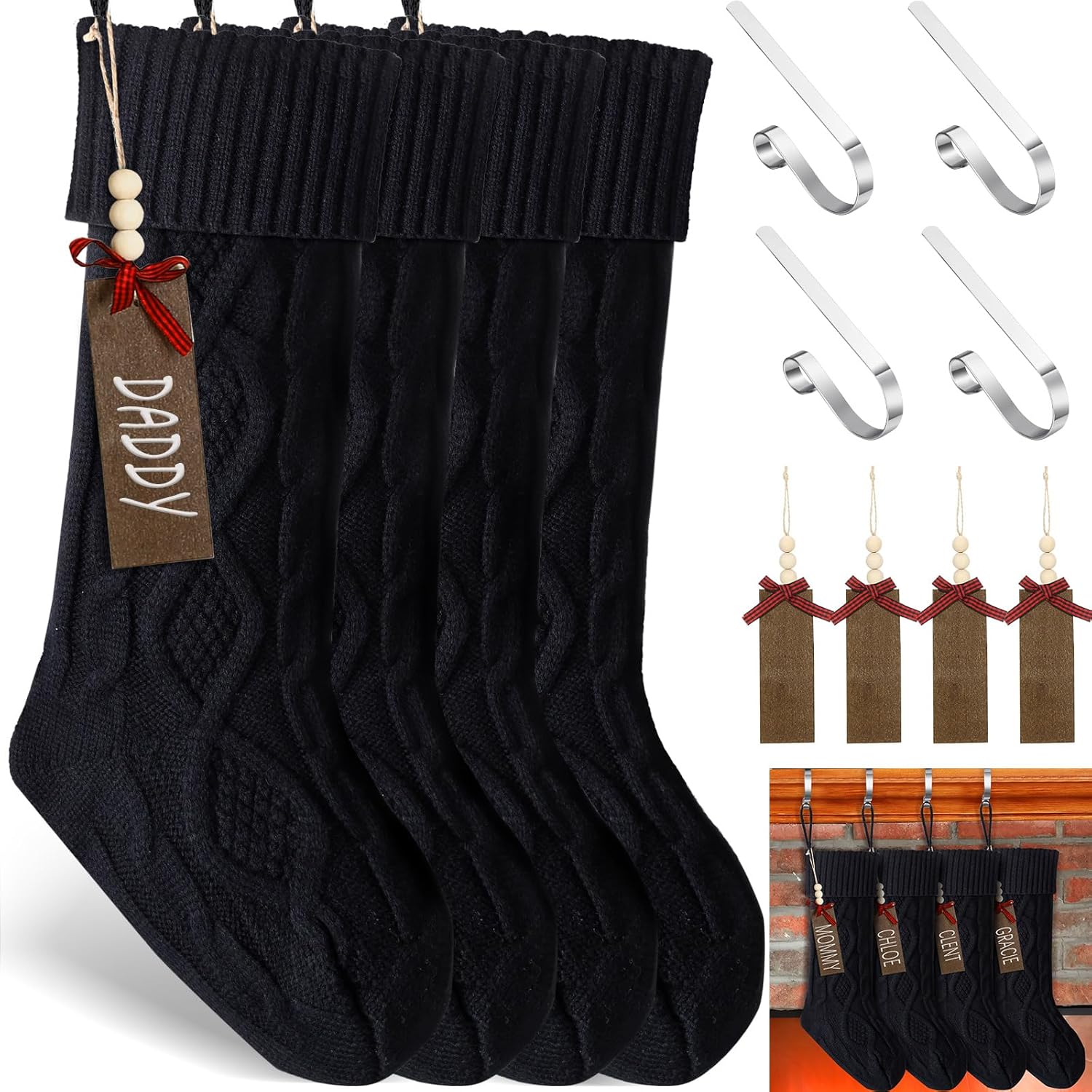 Stockings & Holders - Zubebe 4 Sets 18 in Knitted Christmas Stockings Kit, Metal Stocking Holder and Name Tags Large Knit Xmas Stocking with Marker Pen for Family Holiday Xmas Party Fireplace Mantel Decor (Black)