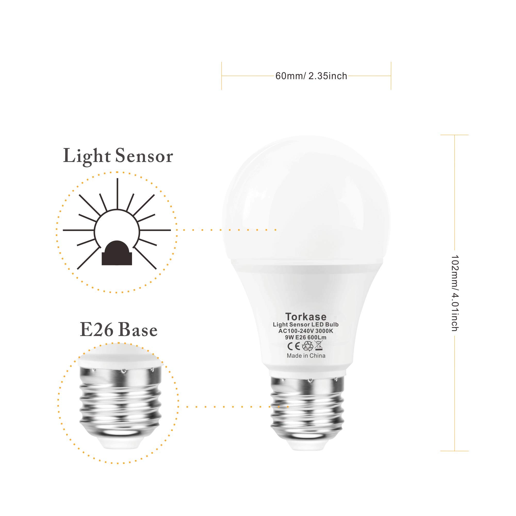 Torkase Dusk to Dawn Light Bulb, Plug and Play, Auto On/Off, Built in Photocell Detector, 85% Energy Saving, 9W/A19/E26/120V, Indoor/Outdoor Yard Porch Patio Garage Warehouse (Warm White, 2 Pack)