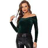 Allegra K Velvet Top for Women's Christmas Cocktail Slim Fit Long Sleeve Off-Shoulder Blouse