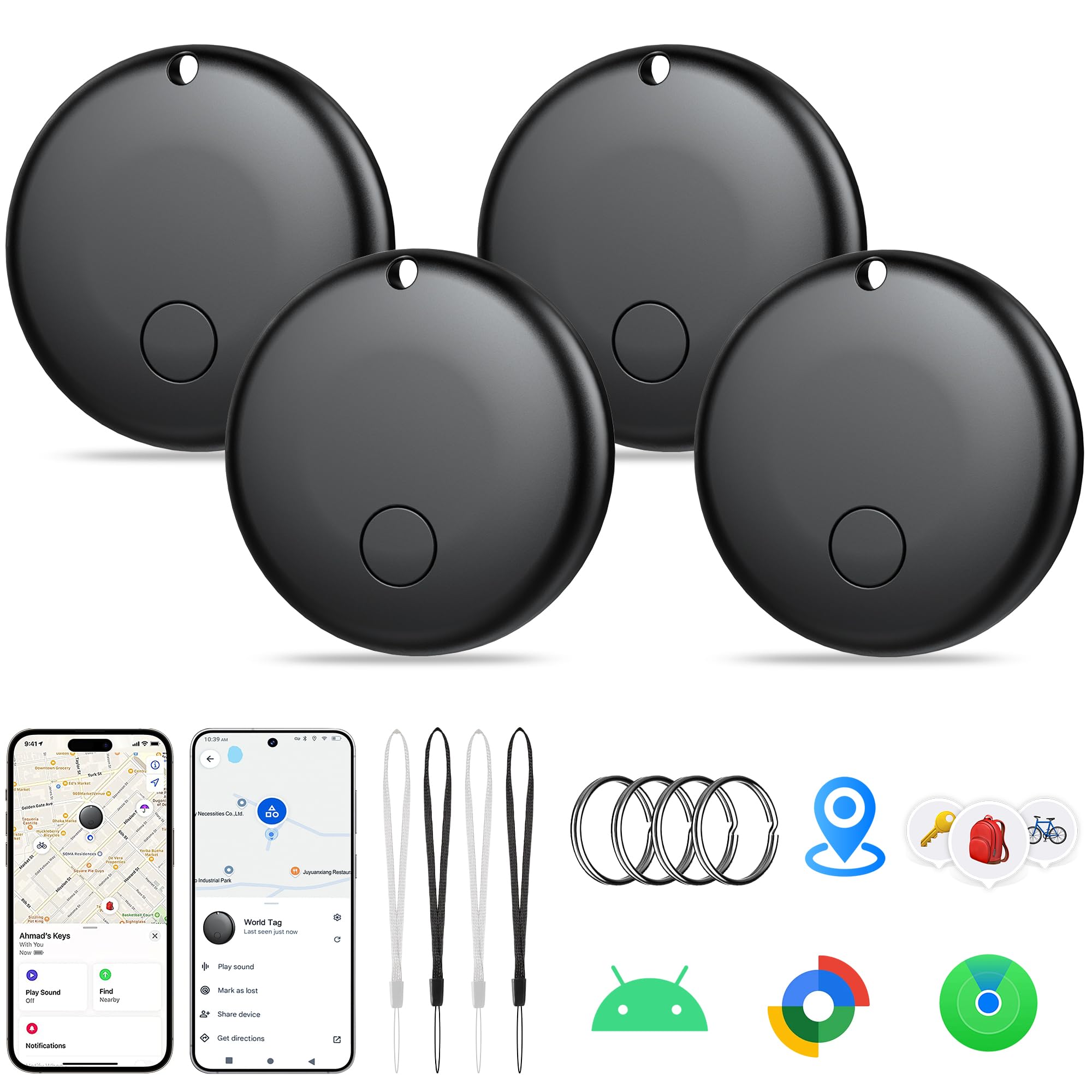 Photo 1 of 2025 Air Tracker Tags-4 Pack Item Locator for Android & iOS Bluetooth Tracker,Key Finders,Smart Tags Work with Apple Find My & Google's Find Hub (Black, for Android & iOS for iOS (4 Pack)