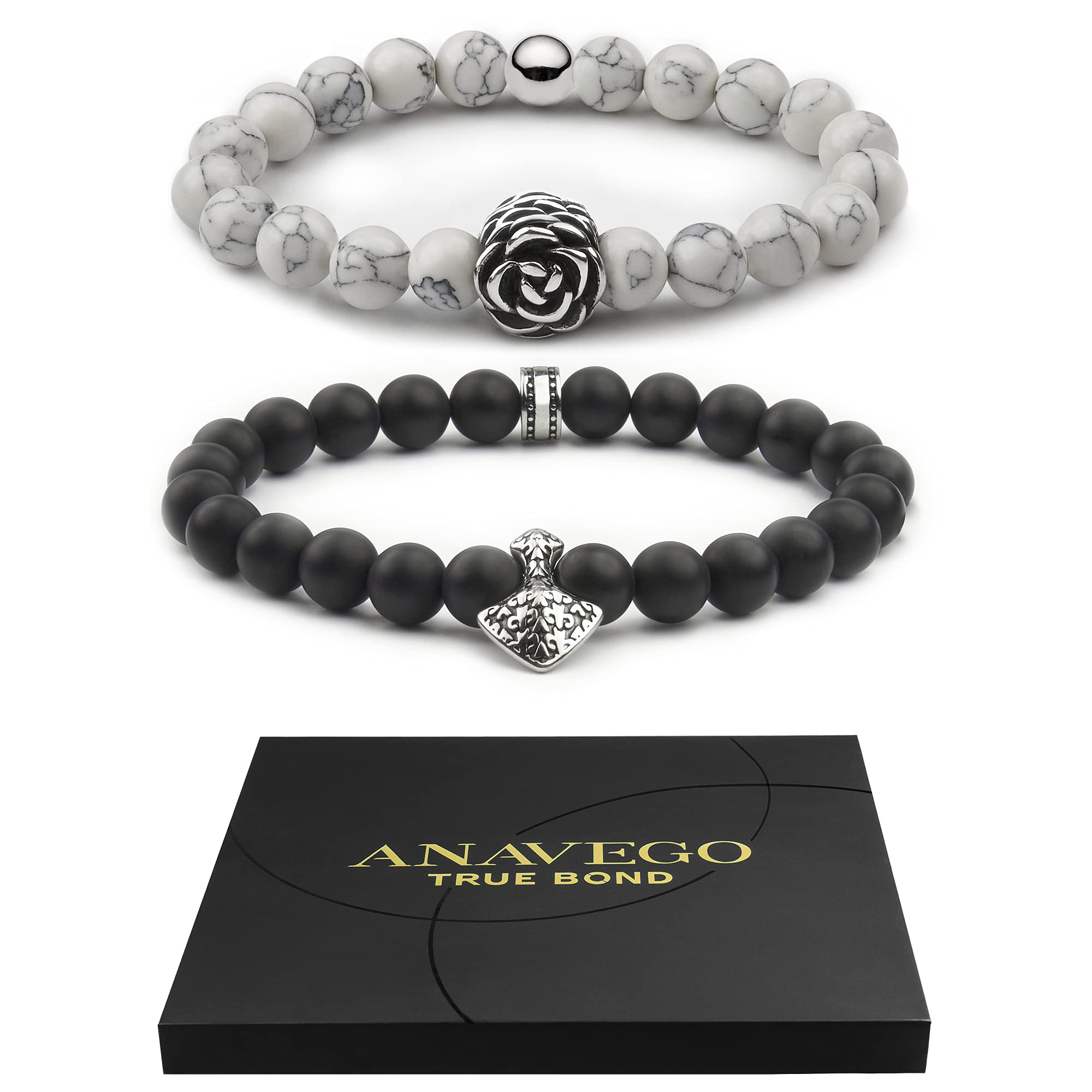 Anavego True Bond Matching Couples Bracelet Set Comes with Storage Gift Box. White Howlite & Black Matt Agate. Gift for Him Her Boyfriend Girlfriend Husband Wife Women Men