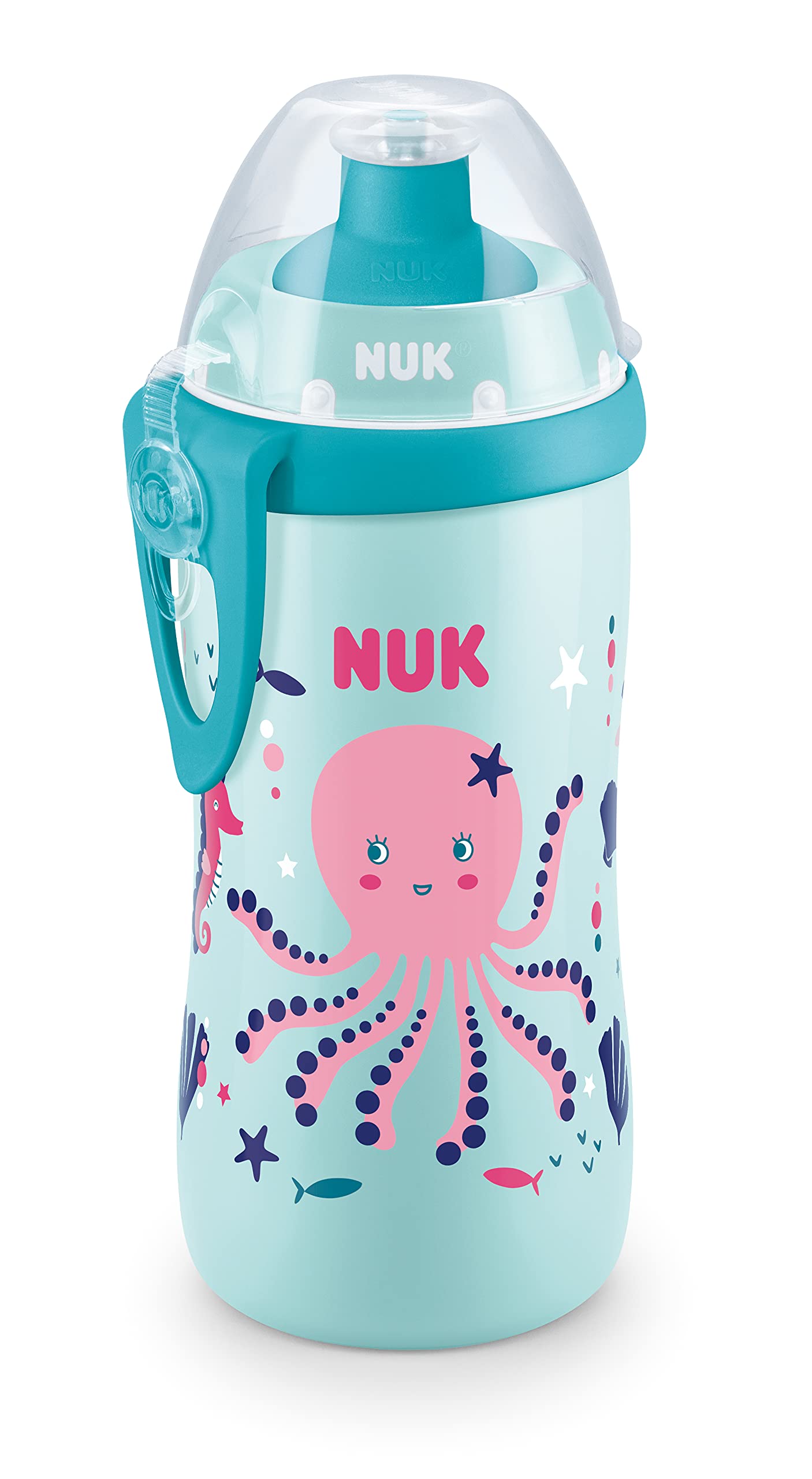 NUK Junior Cup Kids Water Bottle with Chameleon Effect | Colour Changing Leak-Proof Sippy Cup with Soft Push-Pull Spout | 18+ Months | Clip & Protective Cap | 300 ml | BPA-Free | Octopus (Teal)