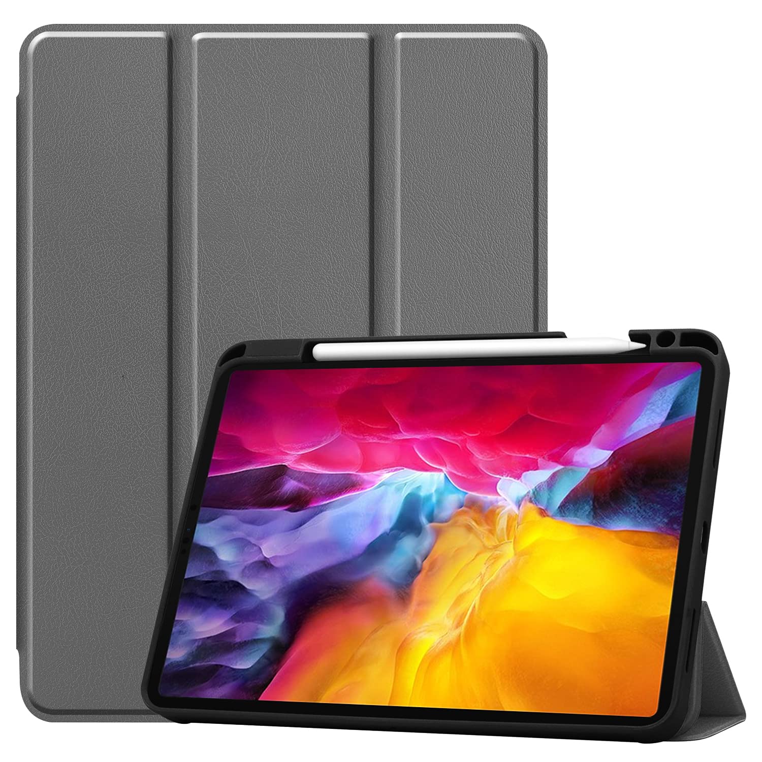 Tri-fold Stand Case for iPad Pro 11-inch 2021 with Pencil Holder, PU Front and TPU Back Full-Body Protective Tablet Magnetic Flip Cover【Apple Pencil Charging + Auto Sleep/Wake】 (Gray)