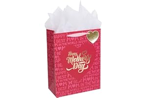 LeZakaa Mother's Day Gift Bag, 13" Pink Gift Bag with Tissue Paper, Gift Tag and Card - Happy Mother's Day Lettering with Gold Foil Design
