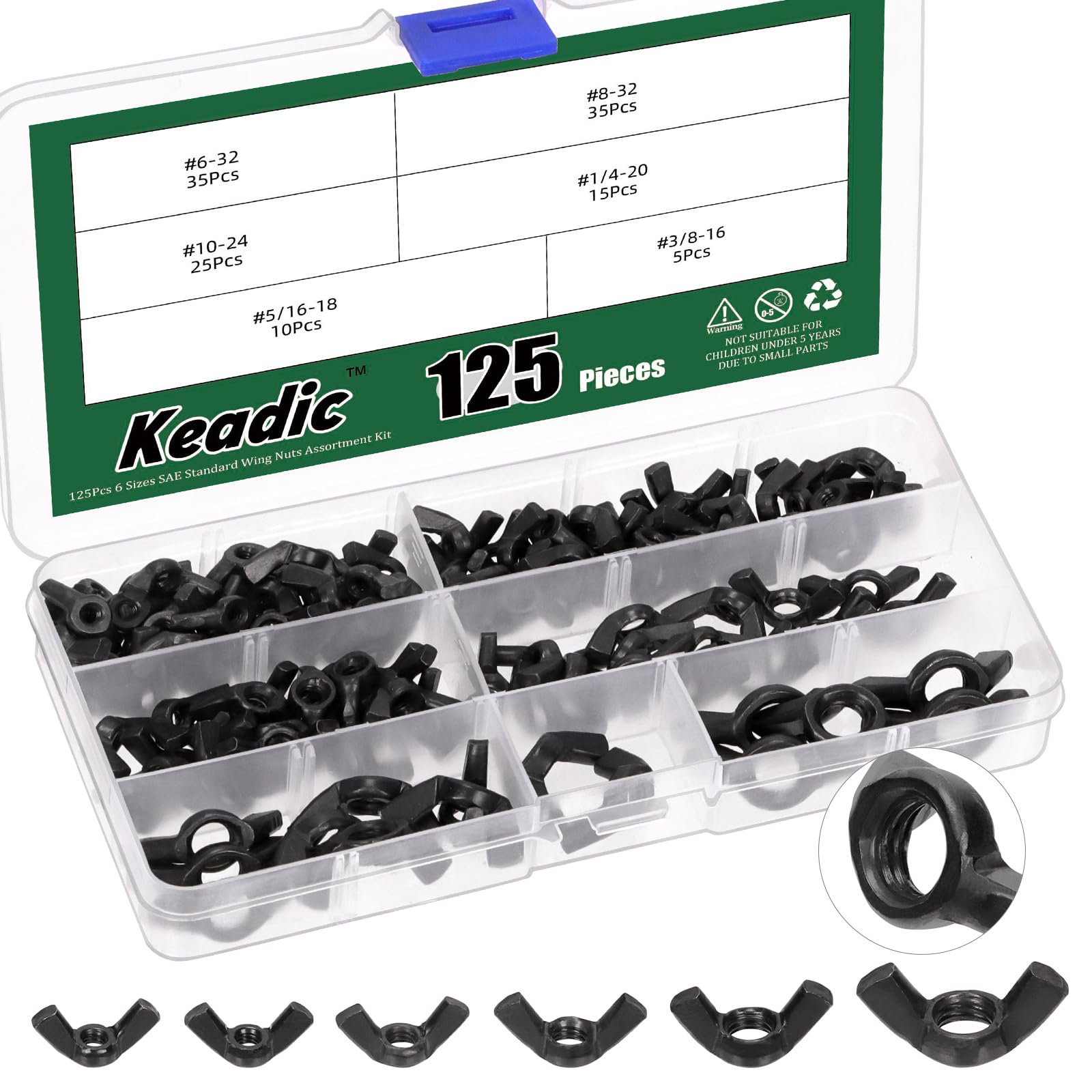 Keadic 125Pcs SAE Wing Nuts Assortment Kit, 3/8" 5/16" 1/4" #10#8#6 Carbon Steel Black Zinc Plated Wing-Nut Fasteners, Hand Twist Tighten Ear Wingnuts Butterfly Nut for Home Building Industry