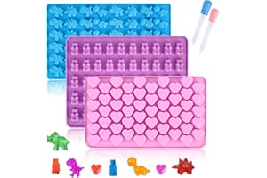 Fidqiog 3 Pcs Gummy Molds in Set, Non-Stick Cavities Gummy Bear Molds with 2 Droppers, Reusable Mini Bears Heart Dinosaur Sha
