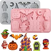 Palksky Halloween Silicone Molds, 2 Pack 9-Cavity Chocolate Candy Molds for Gummy Jello Cake Pops, Halloween Molds for Baking with Skull Pumpkin Bat Spider Shapes, Halloween Party Decorations