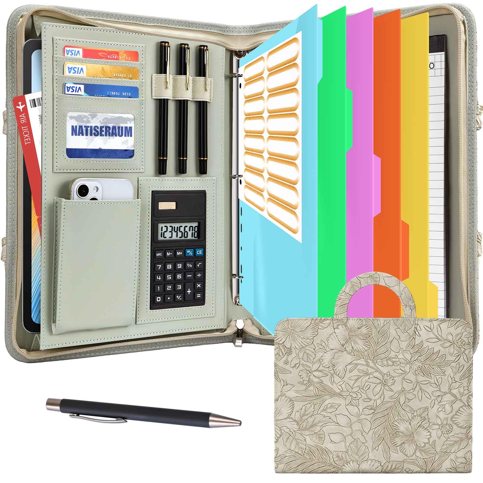 Photo 1 of NATISERAUM Portfolio Organizer - 3 Ring Binder with Handle, Vegan Leather Business Padfolio Folder with Notepad, Includes 5 Dividers with 10 Pockets for Documents Files