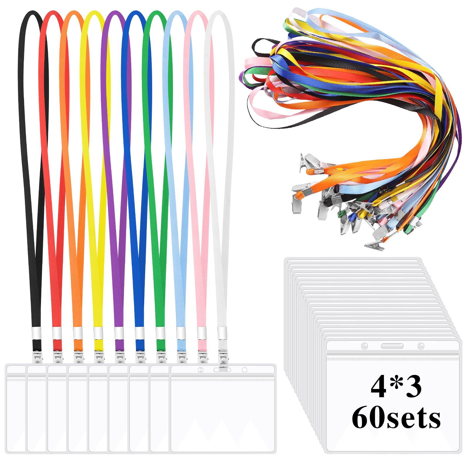 Photo 1 of 60 Pack Clear Name Tags Holder and Lanyards, Reusable Lanyard with Horizontal ID Badge Holder Bulk Lanyards with Clip for ID Badges(10 Colors)