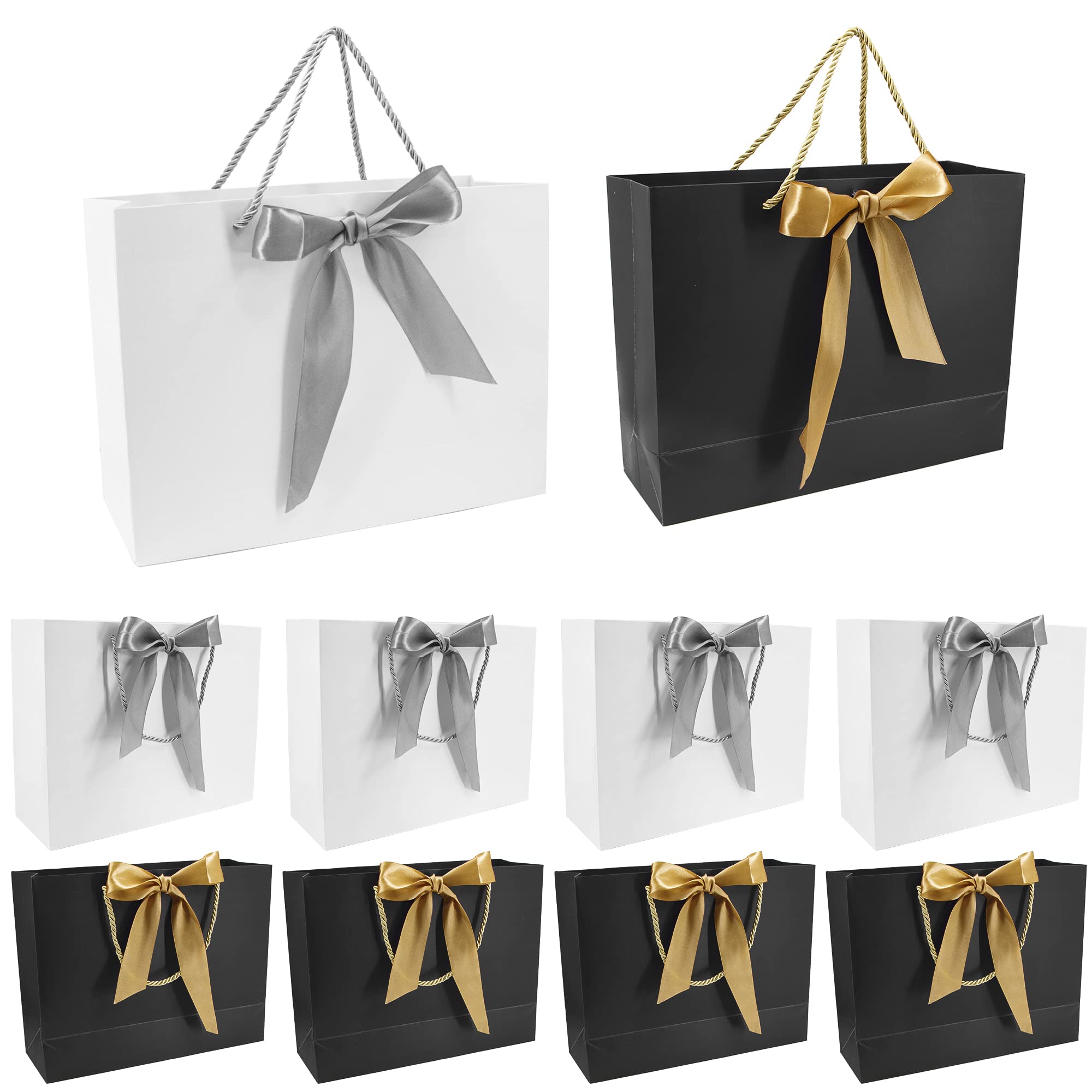Time to Sparkle 8 PCS Gift Bags Large Size with Handles Bulk, Waterproof Paper Bags with Bow Ribbon for Baby Shower Wedding Party Birthday Holiday Celebrations (32*25*11cm)Black/Gold & White/Silver