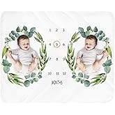 Tebaby Baby Monthly Milestone Blanket Twins - Newborn Month Blanket Unisex Neutral Personalized Shower Gift Leaf Nursery Decor Photography Background Prop with Wooden Wreath Large 51''x40''
