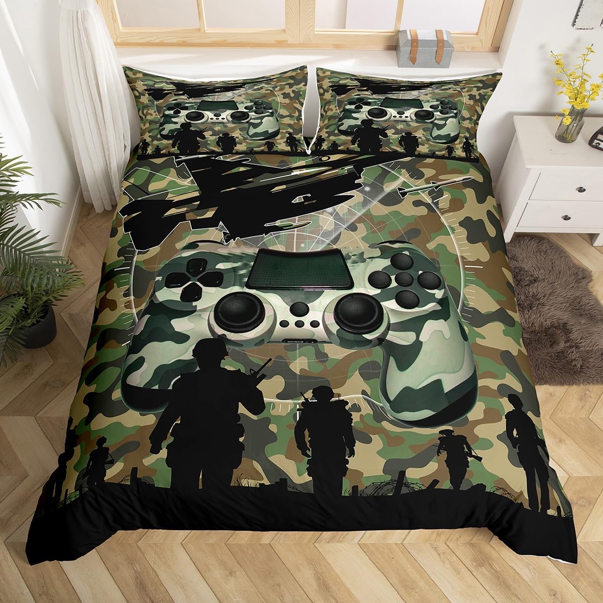 Army Style Gaming Gamer Bedding Set Kids Boys Teens Games Duvet Cover Green Camouflage Comforter Cover Helicopter Joystick Decor Reversible Quilt Cover with 2Pillowcases Double — image 1