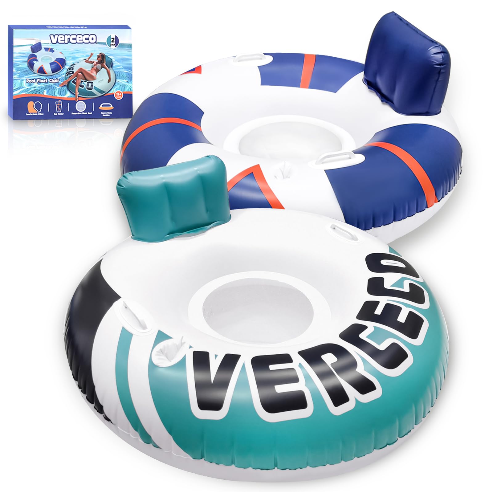 Photo 1 of 2 Packs Inflatable Pool Floats Adult Pool Chair Float Lounger Heavy Duty River Tube Floaties for Floating Lake Floats Raft with Cup Holder for Adults Kids